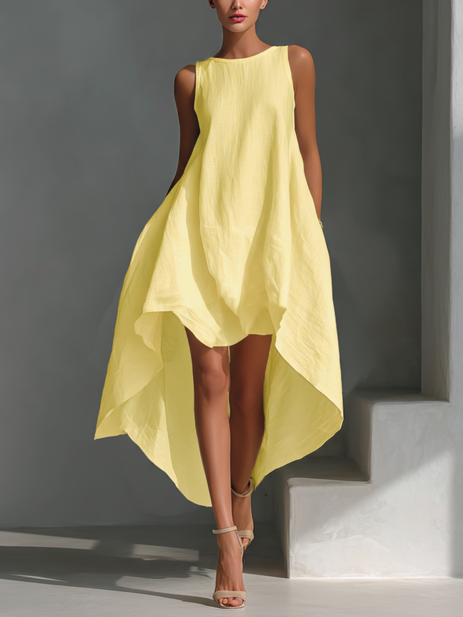 White Linen Sleeveless Midi Dress For Women