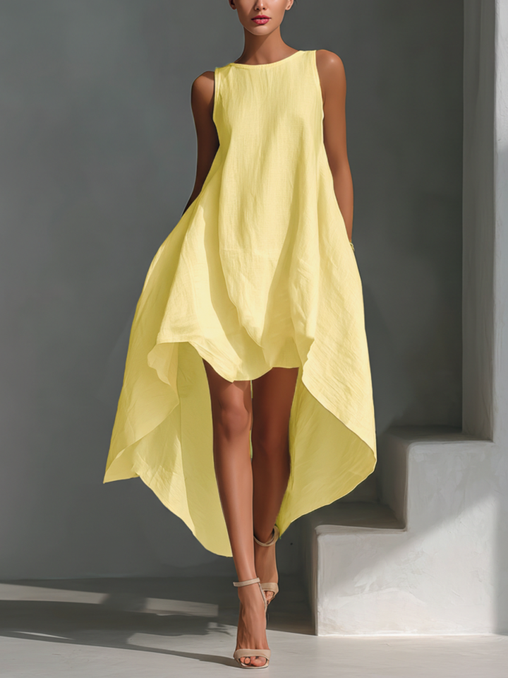 White Linen Sleeveless Midi Dress For Women