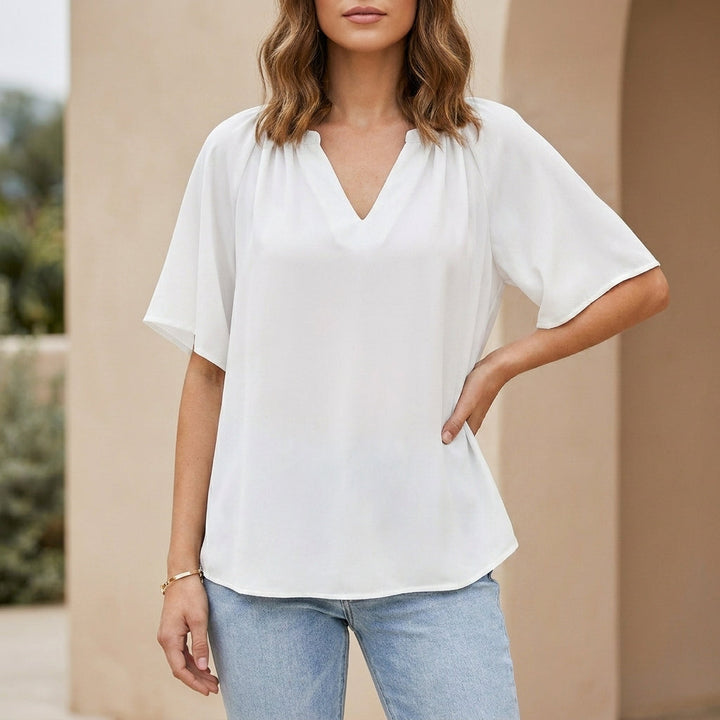 Blouse Women V-Neck Flutter Sleeve Gathered Neckline