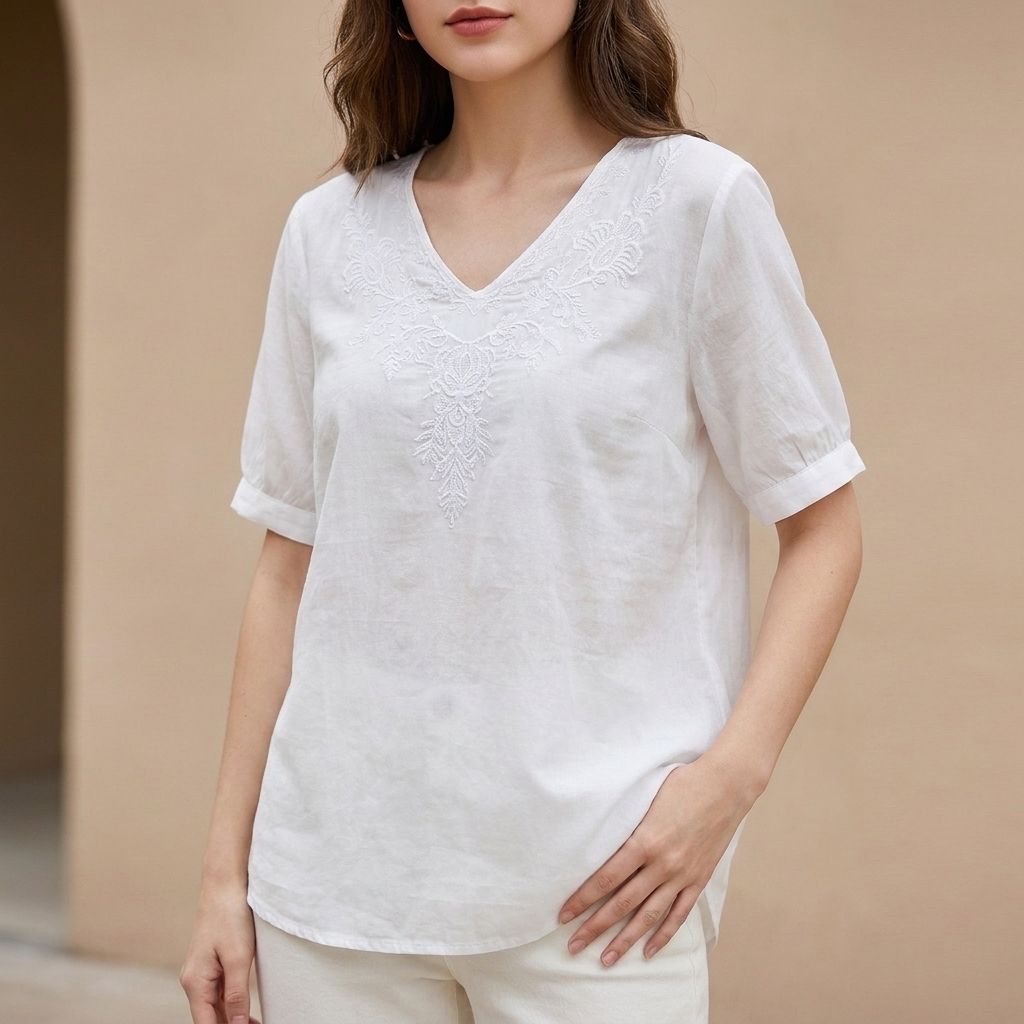 Linen Blouse Women Floral V-Neck Crinkle Texture