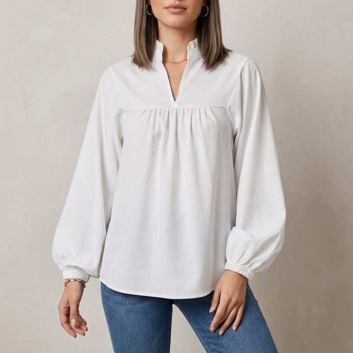 Blouse Women V-Neck Puff Sleeve Ruffle Relaxed
