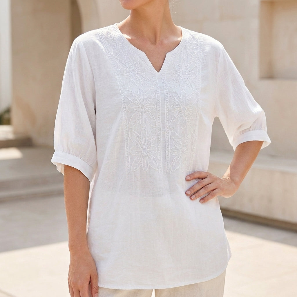 Linen Blouse Women Floral V-Neck Drop Shoulder Flowy