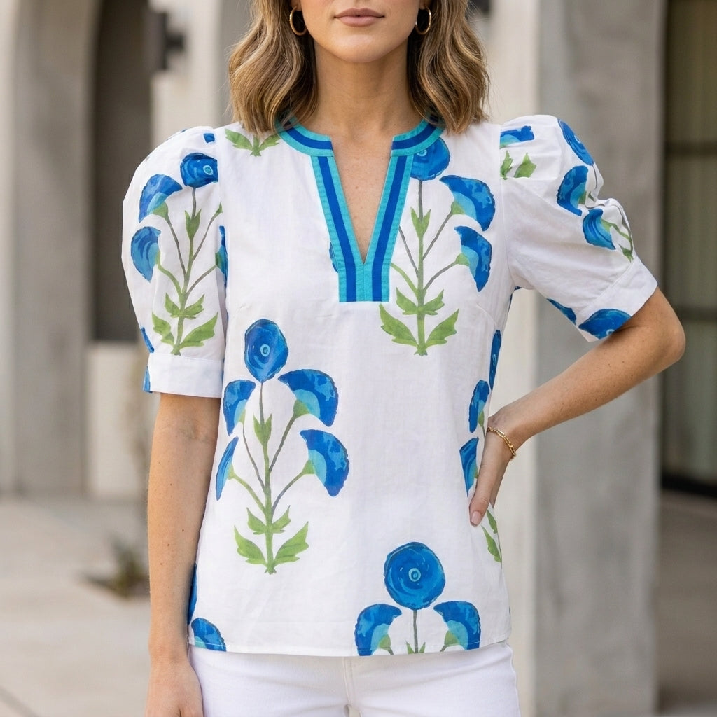 Blouse Women Floral V-Neck Puff Sleeve High Waist Woven