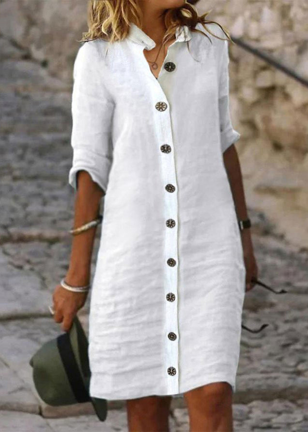 White Stand Collar Button Cotton Shirts Dresses Half Sleeve – Elegant Casual White Dress