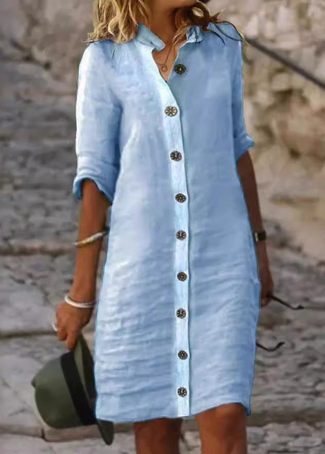 White Stand Collar Button Cotton Shirts Dresses Half Sleeve – Elegant Casual White Dress