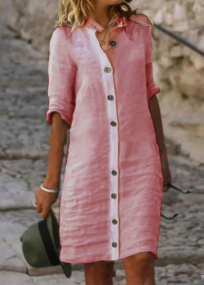 White Stand Collar Button Cotton Shirts Dresses Half Sleeve – Elegant Casual White Dress