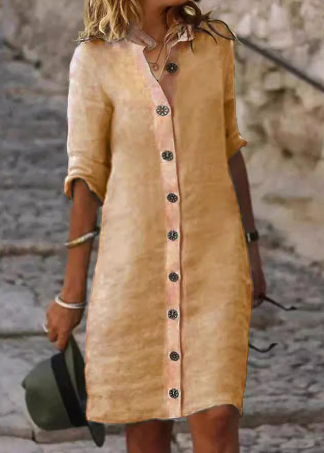 White Stand Collar Button Cotton Shirts Dresses Half Sleeve – Elegant Casual White Dress