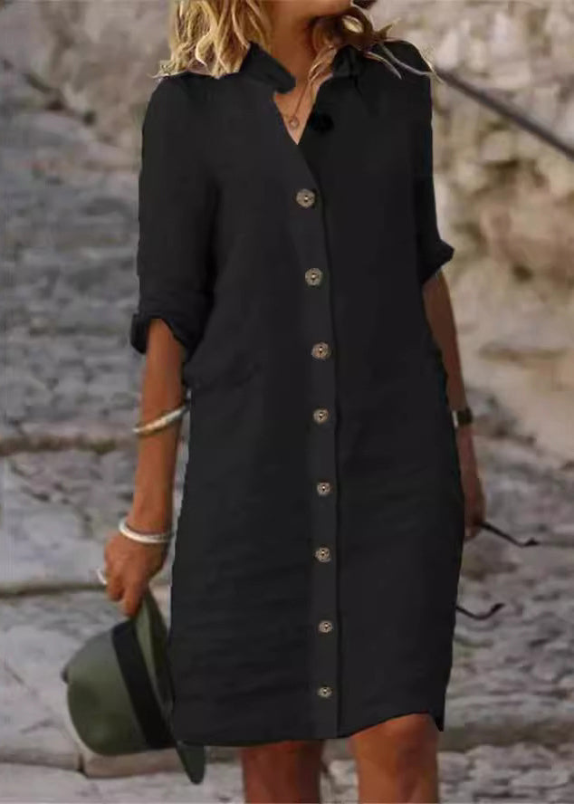 White Stand Collar Button Cotton Shirts Dresses Half Sleeve – Elegant Casual White Dress