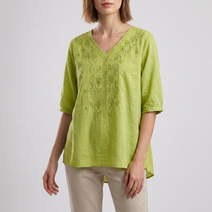 Linen Blouse Women Floral V-Neck 3/4 Sleeve Slit