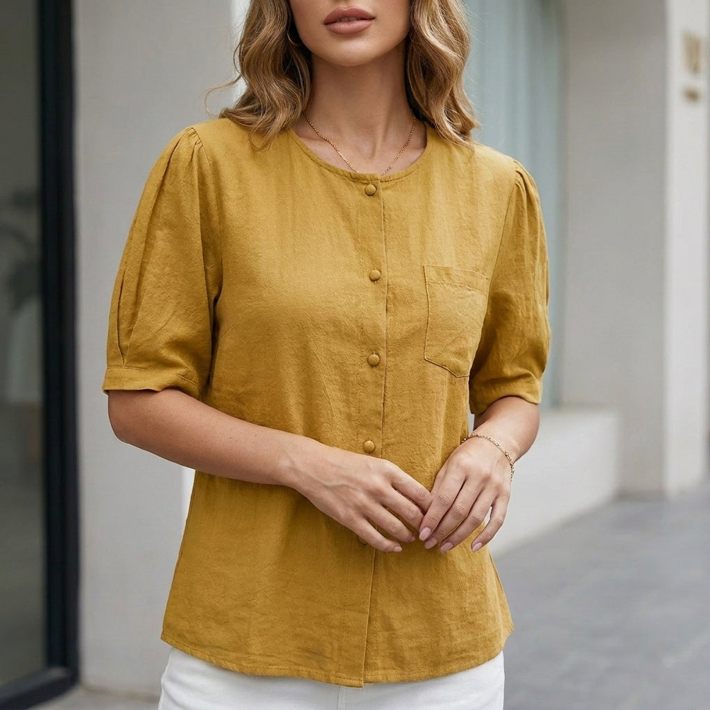 Linen Blouse Women Short Sleeve Button Front Pockets Rose