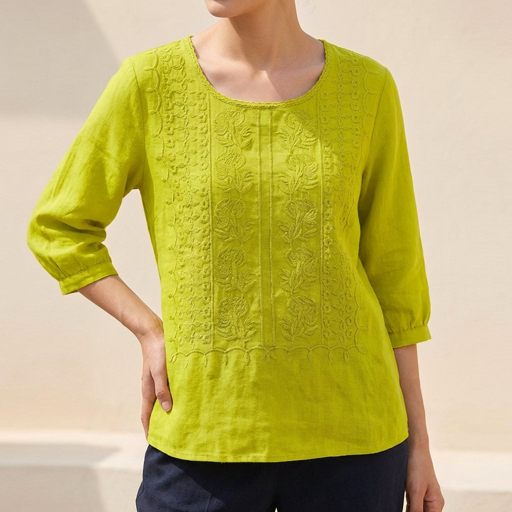 Cotton Blouse Women Floral Embroidery Relaxed Fit Gauzy