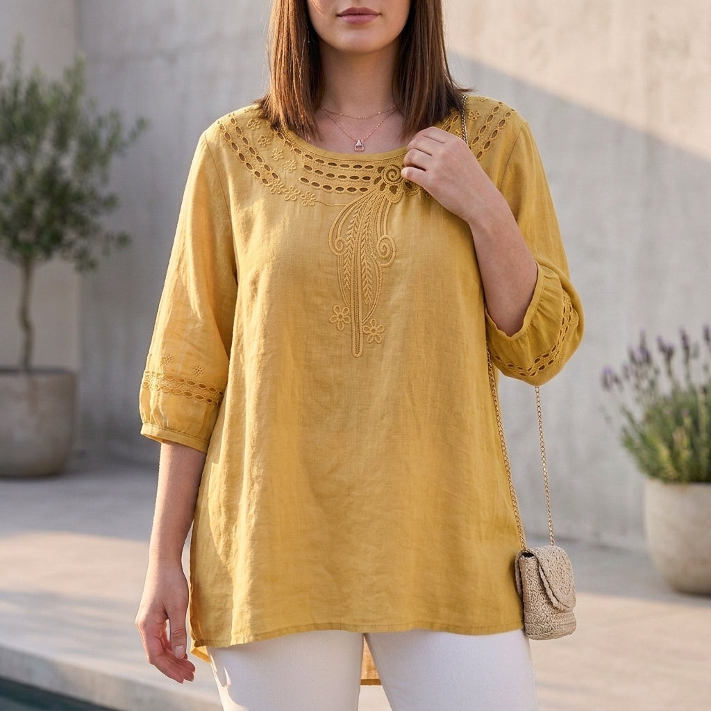 Linen Blouse Women Cut-Out Eyelet Embroidery Relaxed