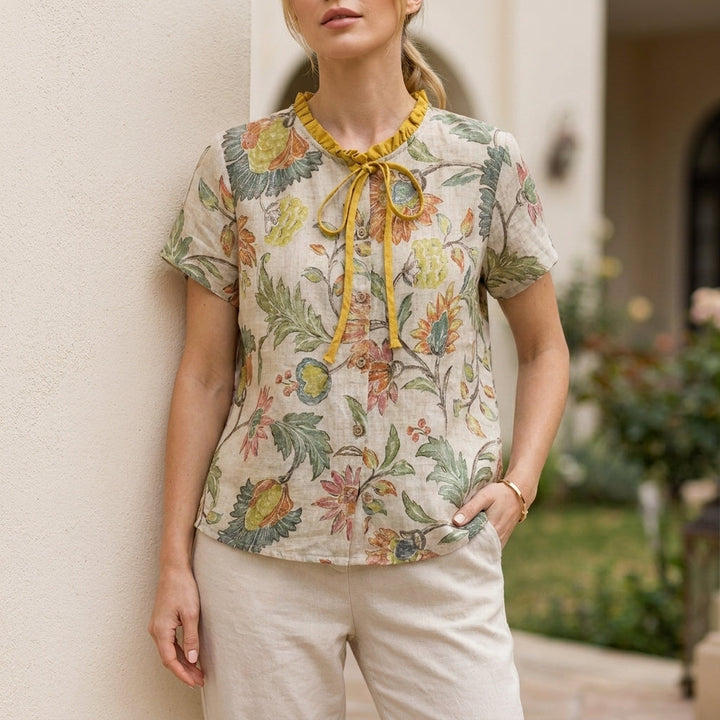 Blouse Women Floral Short Sleeve Ruffle Neck Tie Front