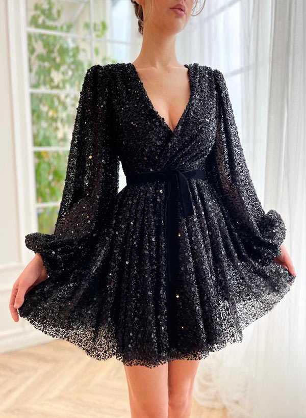 Evelyn | Homecoming Dress A-Line V-Neck Sequin Women&