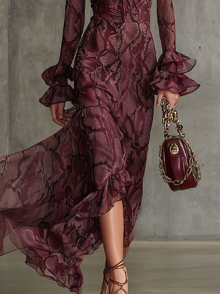 Chiffon Maxi Dress Women V-Neck Burgundy Long Sleeve Ruffle