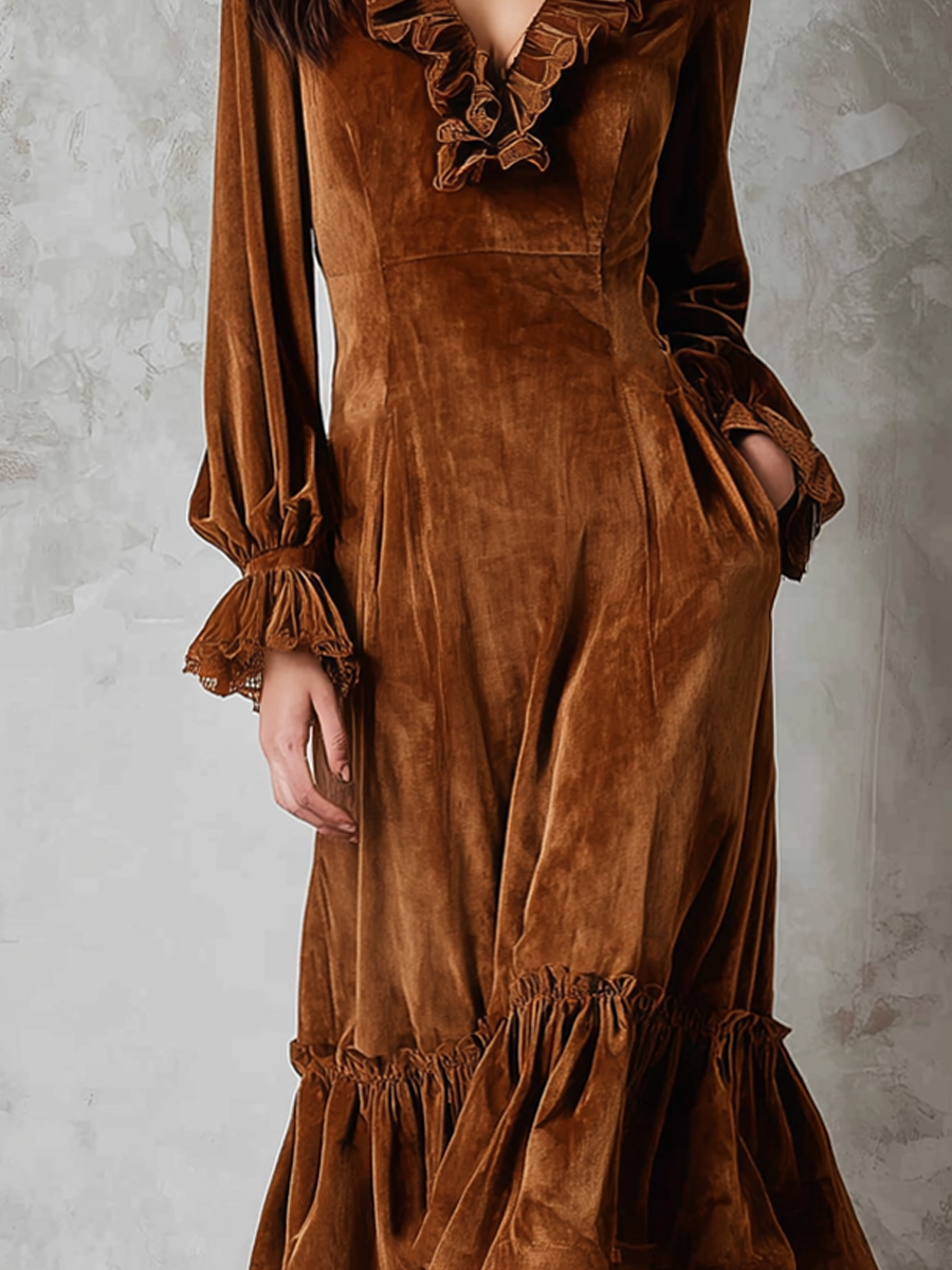 Retro Ruffle Neck Lace Trim Eco-friendly Velvet Women&