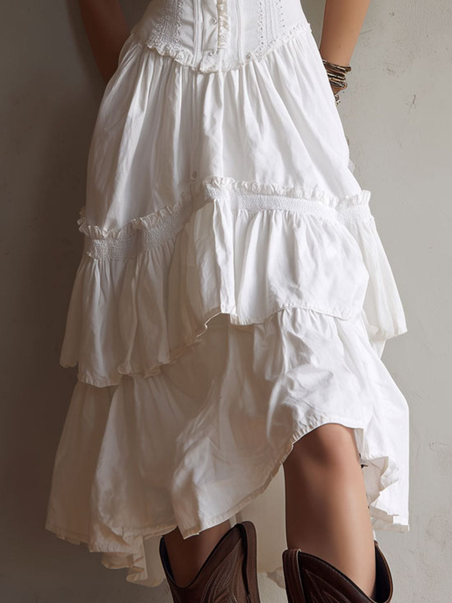 Retro Boho Corset Tiered Midi Dress With Lace-Trim Chic