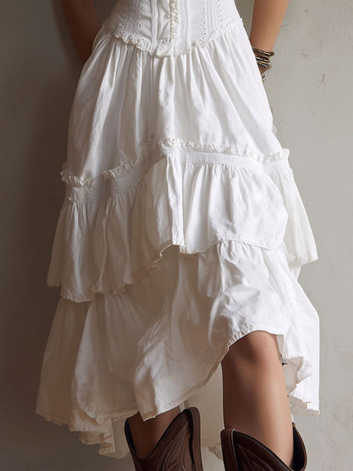 Retro Boho Corset Tiered Midi Dress With Lace-Trim Chic