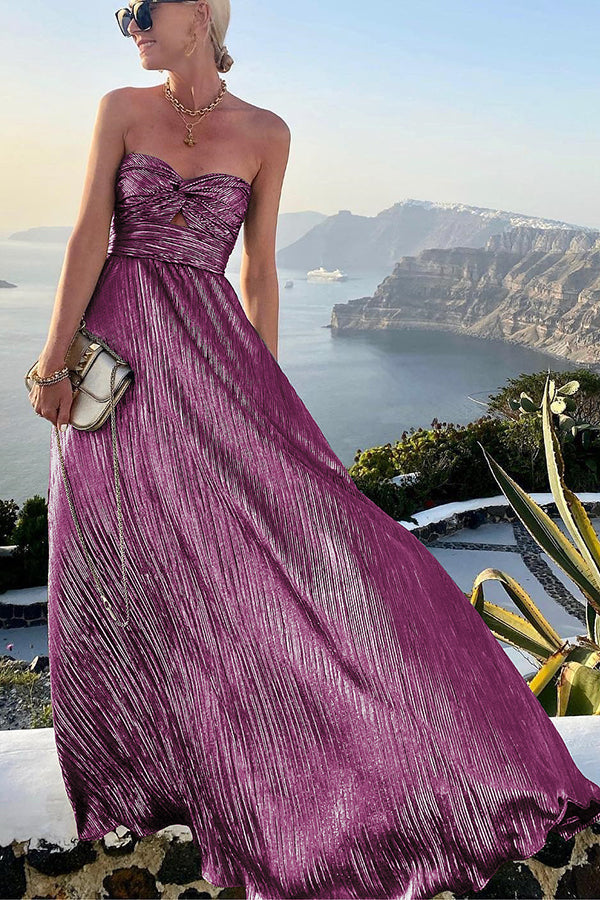 Celeste - Women’s Strapless A-Line Evening Gown with Pleated Metallic Dress