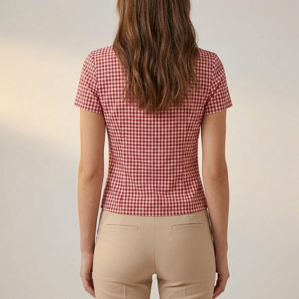 Blouse Women Gingham V-Neck Woven Lightweight