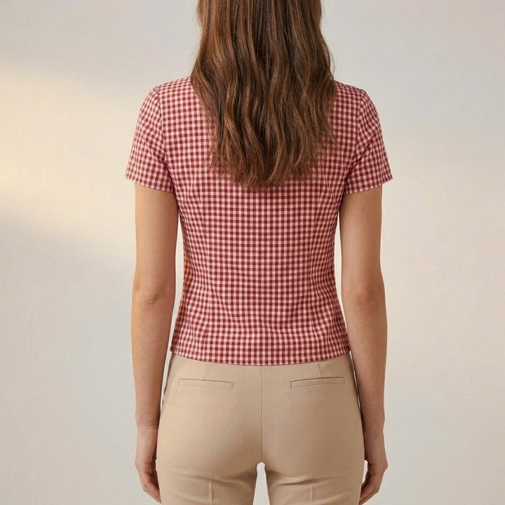 Blouse Women Gingham V-Neck Woven Lightweight