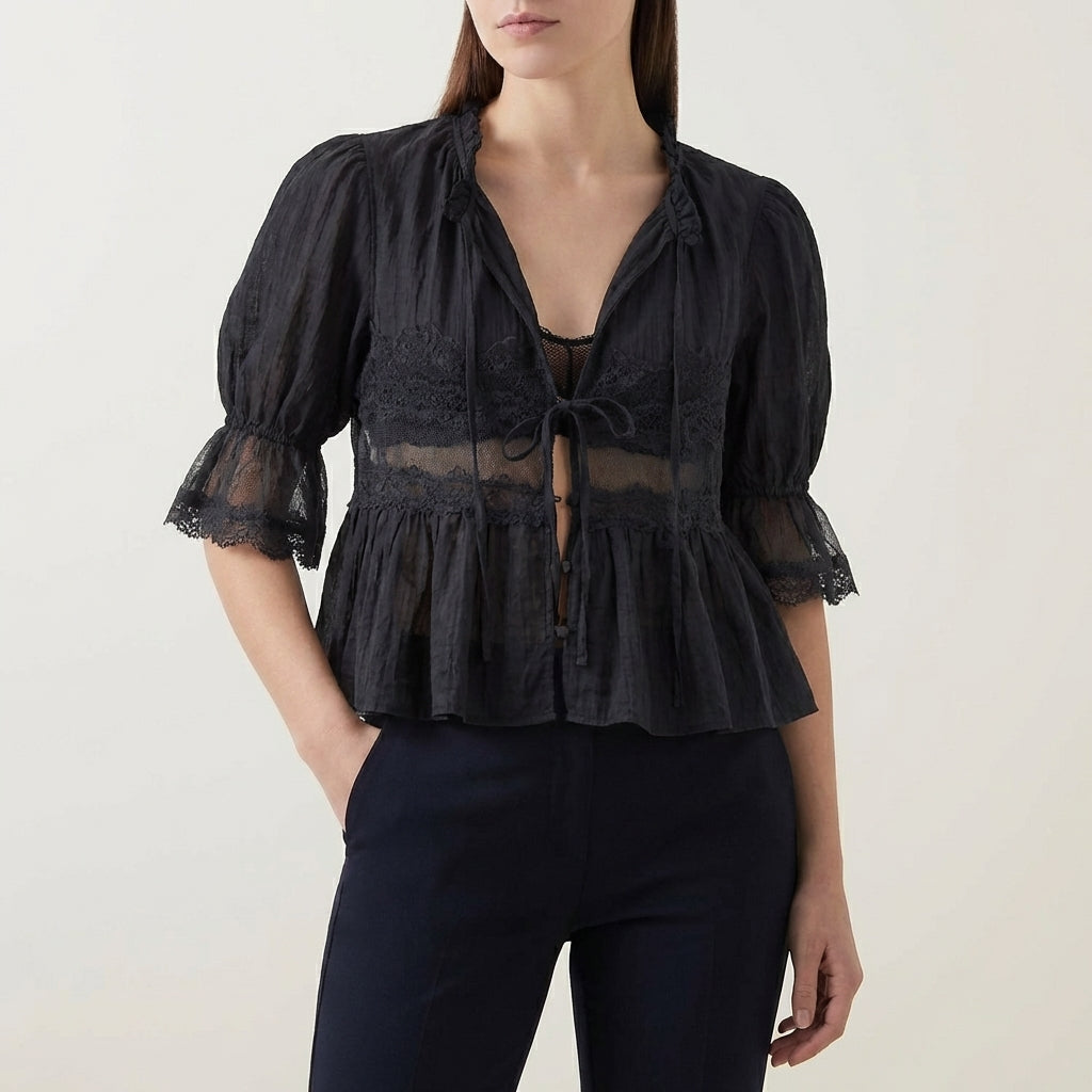 Blouse Women V-Neck Puff Sleeve Lace Babydoll Crinkle