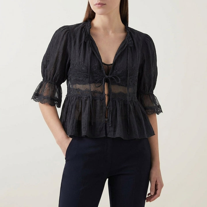 Blouse Women V-Neck Puff Sleeve Lace Babydoll Crinkle