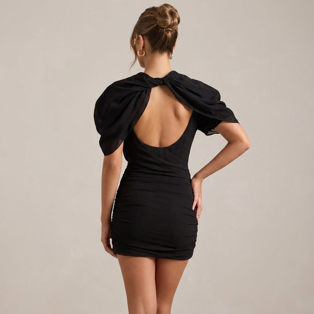 Puff Sleeve Bodycon Mini Dress with High Neck