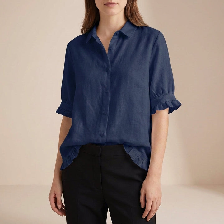 Denim Blouse Women Boxy Ruffle Point Collar Casual