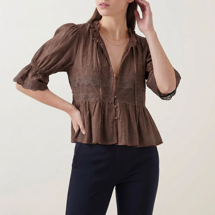 Blouse Women V-Neck Puff Sleeve Lace Babydoll Crinkle