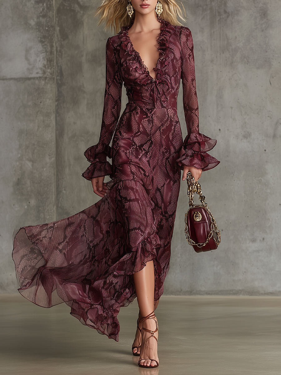 Chiffon Maxi Dress Women V-Neck Burgundy Long Sleeve Ruffle