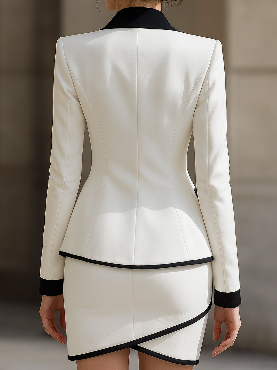 Contrast Trim Tuxedo Blazer And Skirt Set – Elegant Party Dress