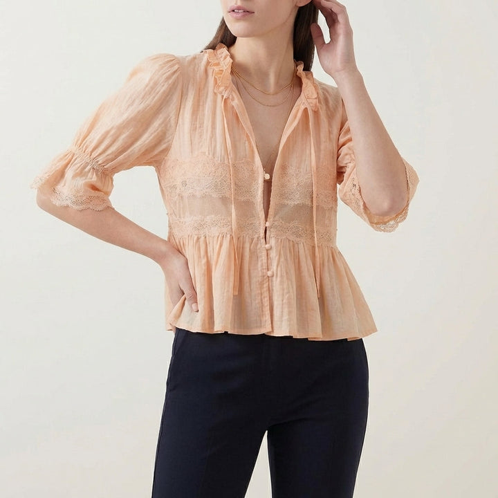 Blouse Women V-Neck Puff Sleeve Lace Babydoll Crinkle