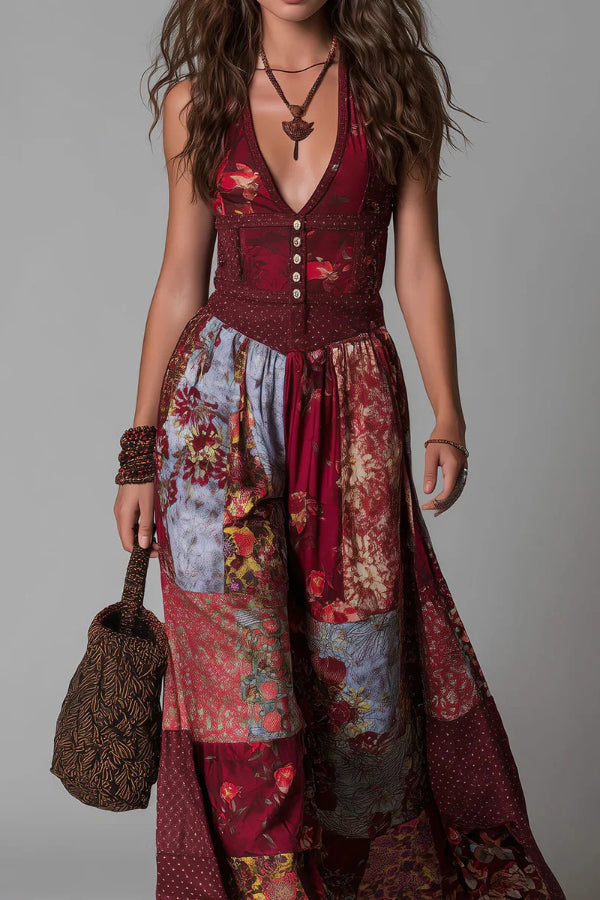 Printed Maxi Dress Women V-Neck Sleeveless Slim Fit