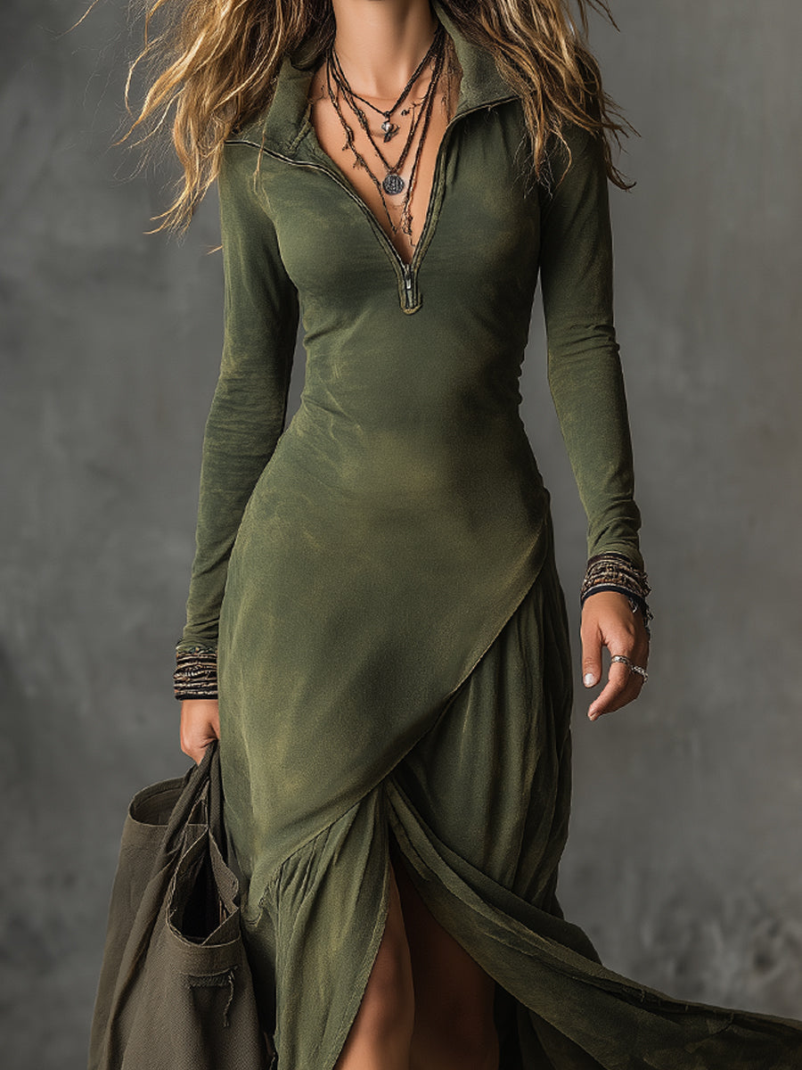 Bohemian Washed Cotton Half-zip Hem Slit Women&