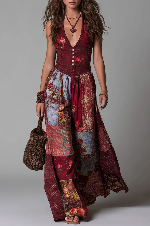 Printed Maxi Dress Women V-Neck Sleeveless Slim Fit