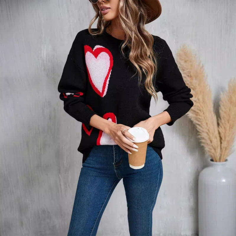 Mila | Crew Neck Heart Print Sweater for Women