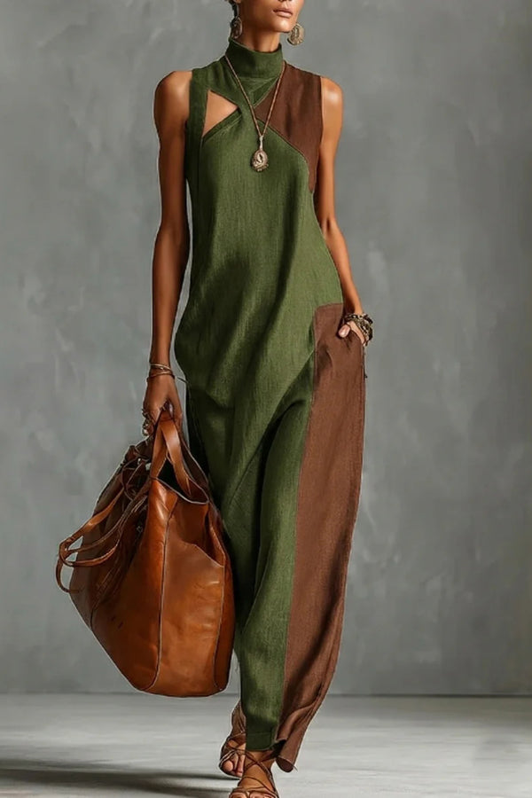 Maxi Dress Women High Neck Sleeveless Color-Block Pockets