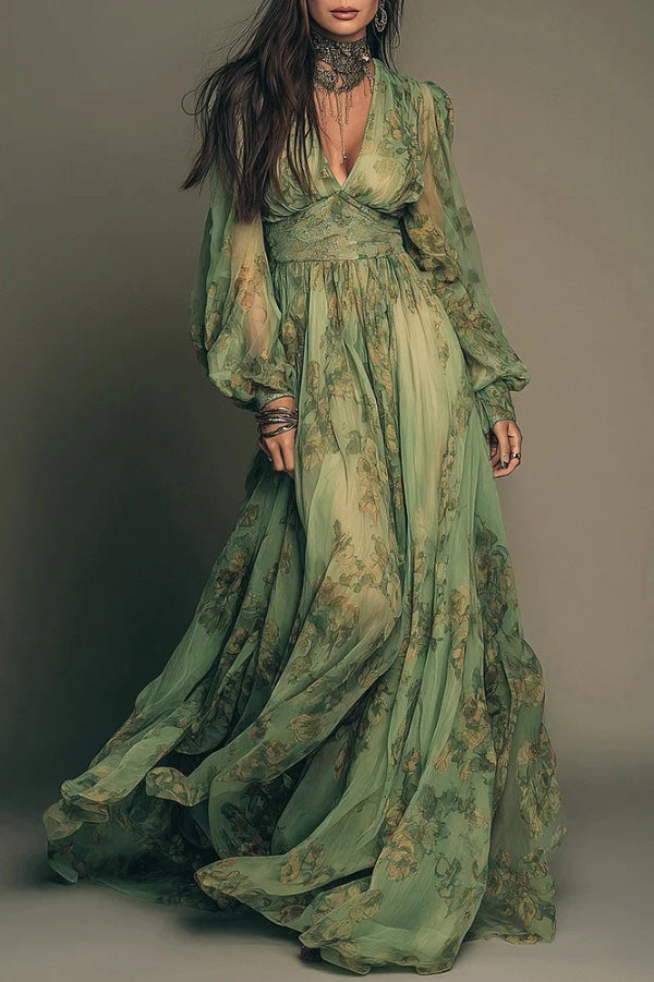 Botanical Print Maxi Dress Women V-Neck Long Sleeve Fitted Waist