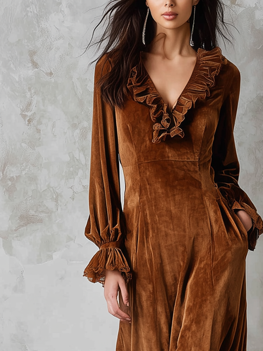 Retro Ruffle Neck Lace Trim Eco-friendly Velvet Women&