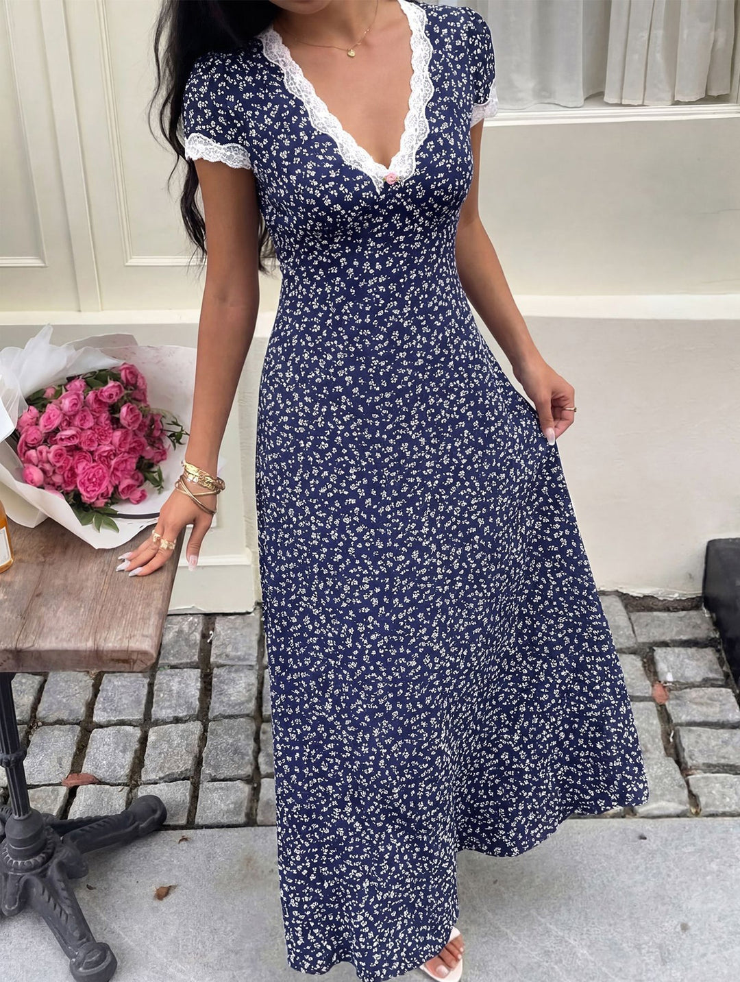Floral Lace Maxi Dress Women V-Neck White