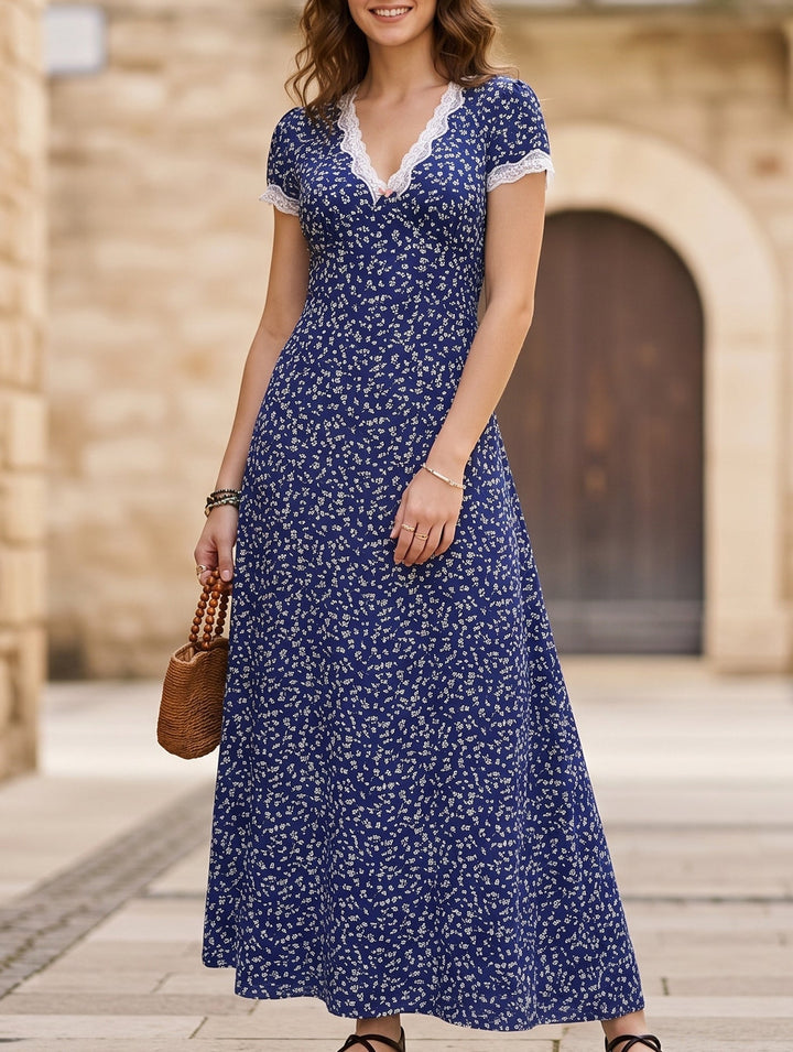Floral Lace Maxi Dress Women V-Neck White