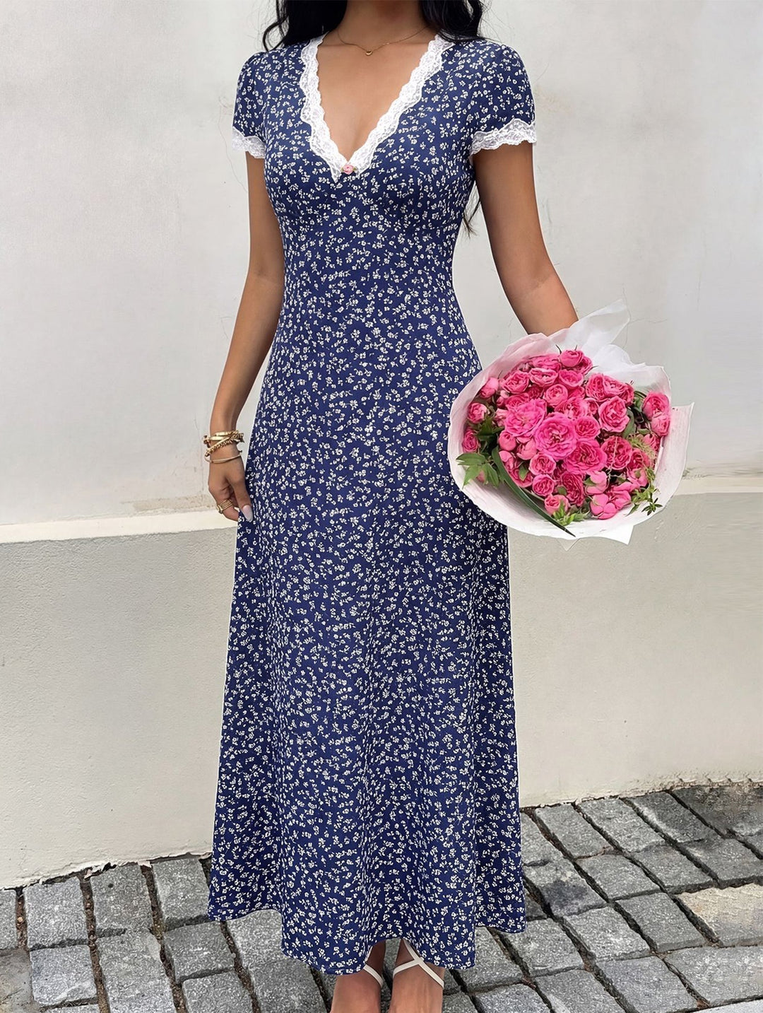 Floral Lace Maxi Dress Women V-Neck White