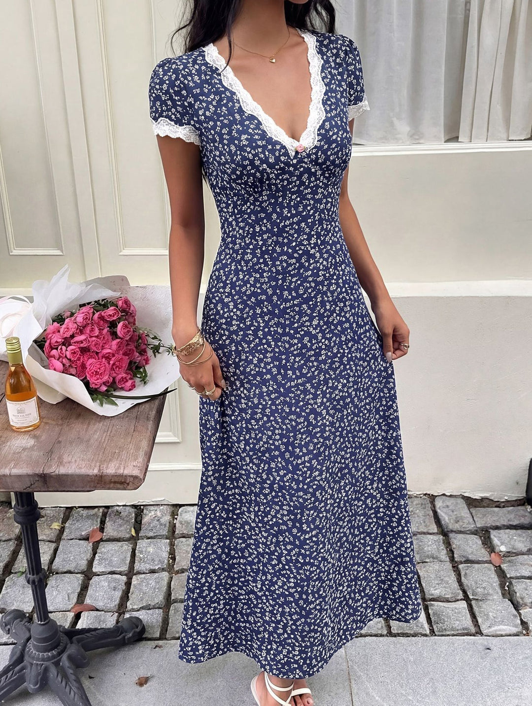 Floral Lace Maxi Dress Women V-Neck White