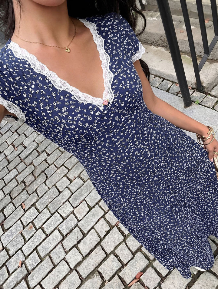 Floral Lace Maxi Dress Women V-Neck White