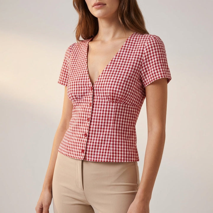 Blouse Women Gingham V-Neck Woven Lightweight