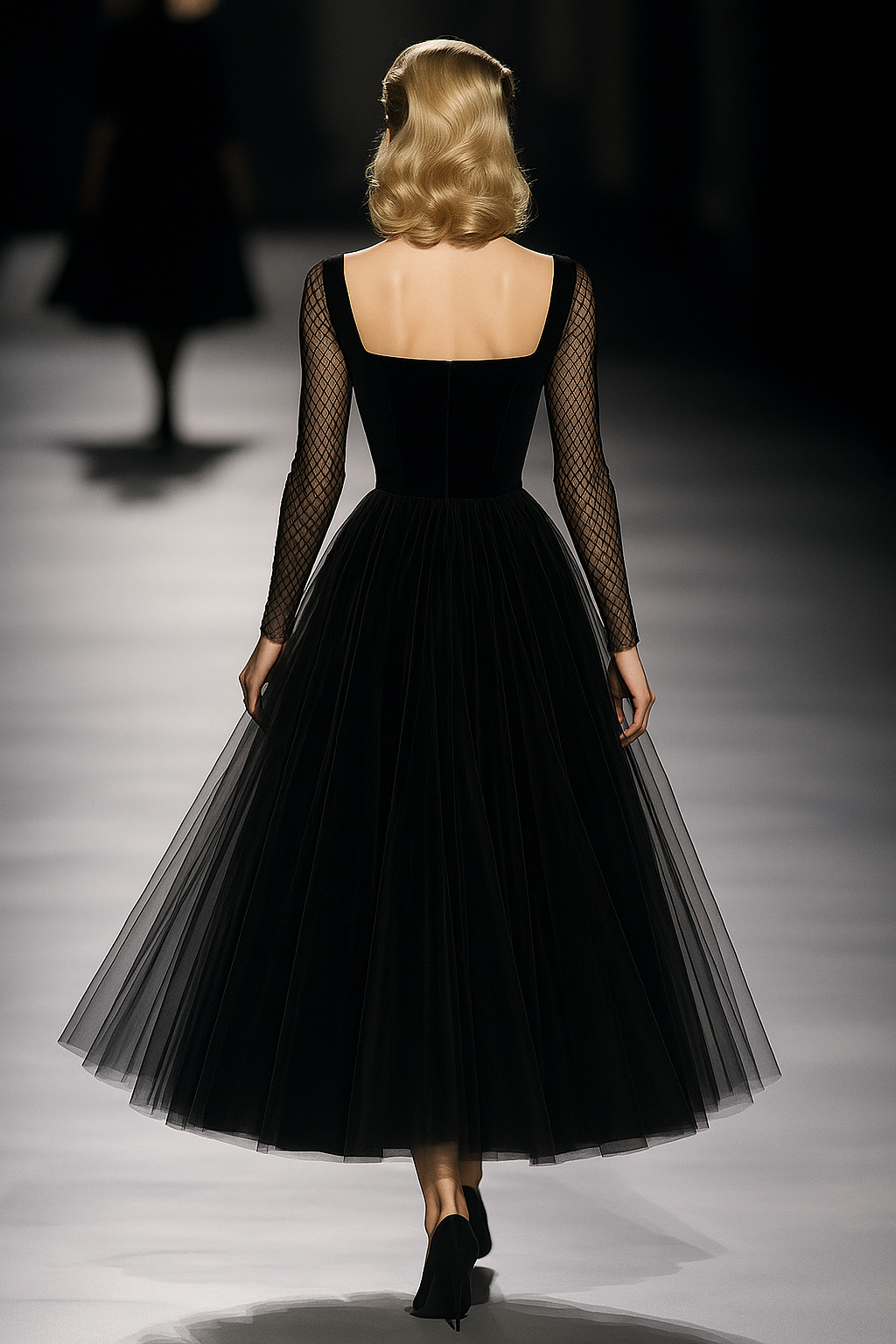 Tulle Maxi Dress Women Black Trumpet Sleeve Evening