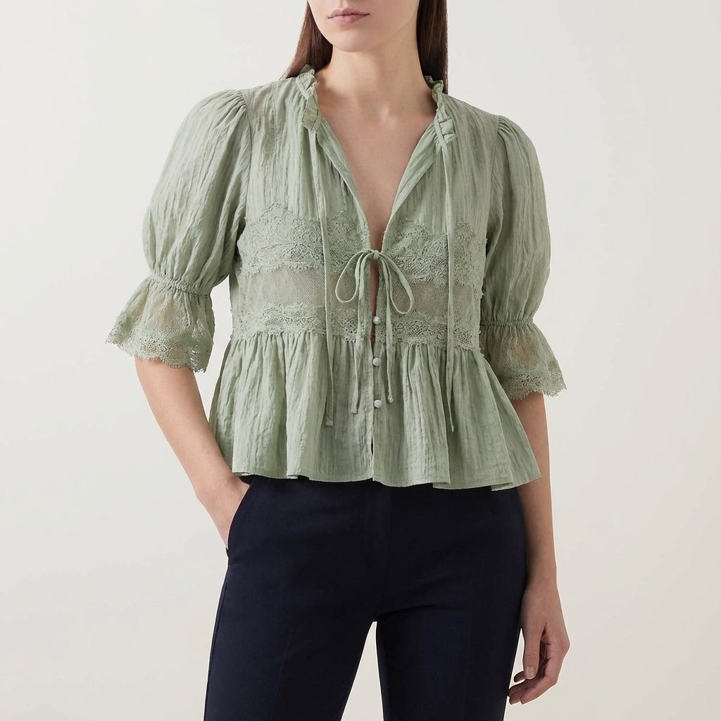 Blouse Women V-Neck Puff Sleeve Lace Babydoll Crinkle