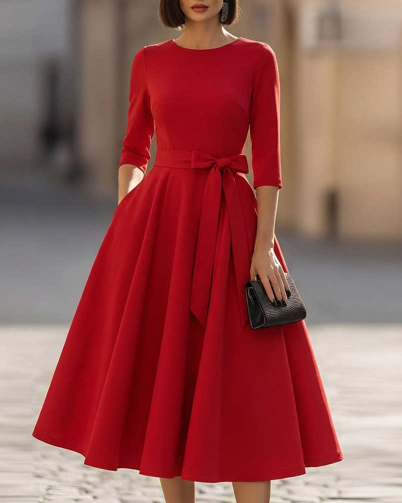 Crew-Neck A-Line Midi Dress – Midi Wedding Guest Dress