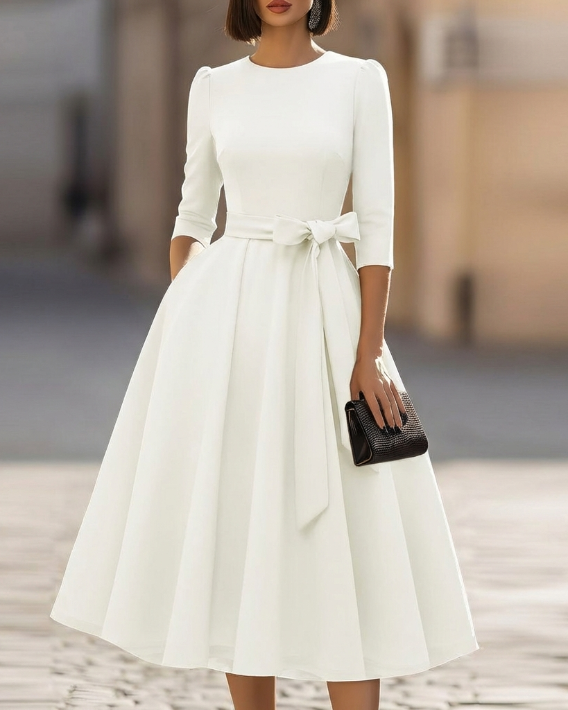 Crew-Neck A-Line Midi Dress – Midi Wedding Guest Dress